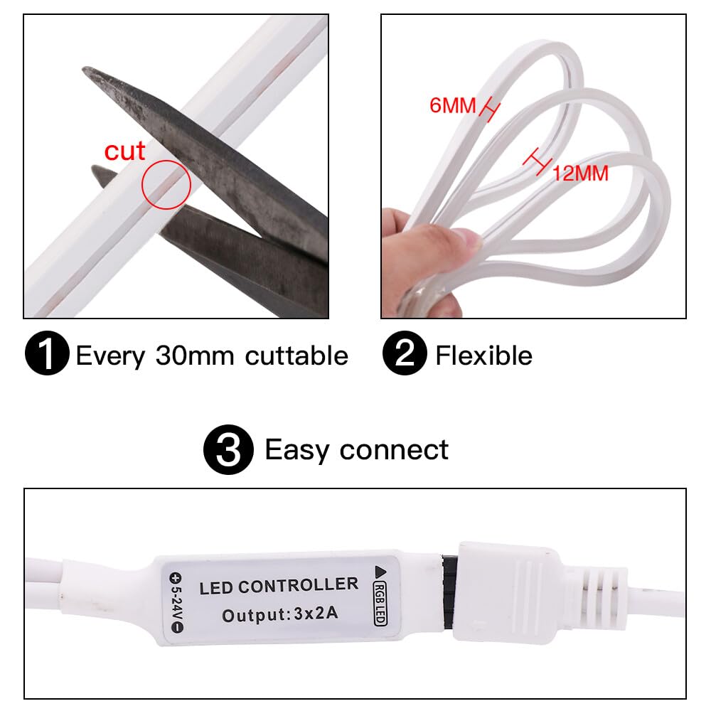 KAFULA 12V Dimmable RGB Light Strip with Power Supply, 96 LEDs/M 2m Super Bright LED Neon Light with Controller - Image 3