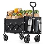 SONGMICS Festival Trolley on Wheels, 90 L Foldable Camping Cart, Pull Garden Wagon, Adjustable Handle, 4 Reinforced Wheels, Loads Up to 180 kg, Outdoor, Yard, Ink Black GFW909B01