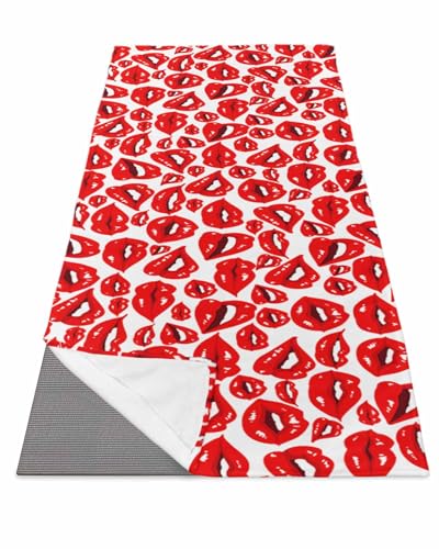 DecorLovee Yoga Mat Towel for Hot Yoga, Valentines Absorb Sweat Microfiber Yoga Towel Non Slip Yoga Mat Towel with 4 Corner Pockets for Bikram, Pilates, Red Lip 26