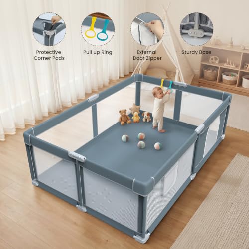 Image of Foldable Baby Playpen - 74 inchx50 inch Collapsible Play Pen for Babies and Toddlers - Indoor Outdoor Foldable Play Yard with 4 Handles - Folding Baby Playpen with Bag Portable Travel Play Yard