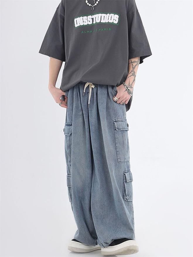 Kelabia Baggy Jeans for Women Men Aesthetic Japanese Harajuku Baggy Jeans Y2K Baggy Wide Leg Cargo Pants Goth Grunge Streetwear (Blue,Medium)4