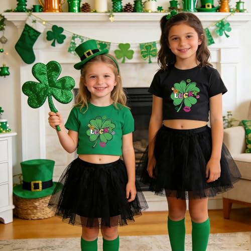 Image of Girls Crop Tops St Patricks Day T-Shirts Lucky Clover Short Sleeve Shirts Kids Shamrock Tees 5-14 Years