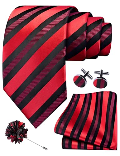 Image of GUSLESON 3.15 inch（8cm） Mens Stripe Tie and Lapel Pin Necktie Hankerchief Cufflinks Set for Men