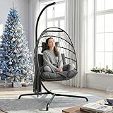 NICESOUL Comfy Indoor Outdoor Egg Chair, Patio Wicker Egg Shaped Swing Chair with Stand, Hanging Basket Seating with Cushion, 350lbs Heavy Duty Gift Hammock Chairs for Balcony Backyard Bedroom, Gray