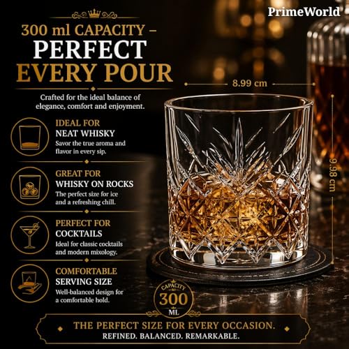 Image of PrimeWorld Crown European Crystal Whiskey Glasses Set of 6 pcs- 300 ml Bar Glass for Drinking Bourbon, Whisky, Scotch, Cocktails, Cognac- Old Fashioned Cocktail Tumblers