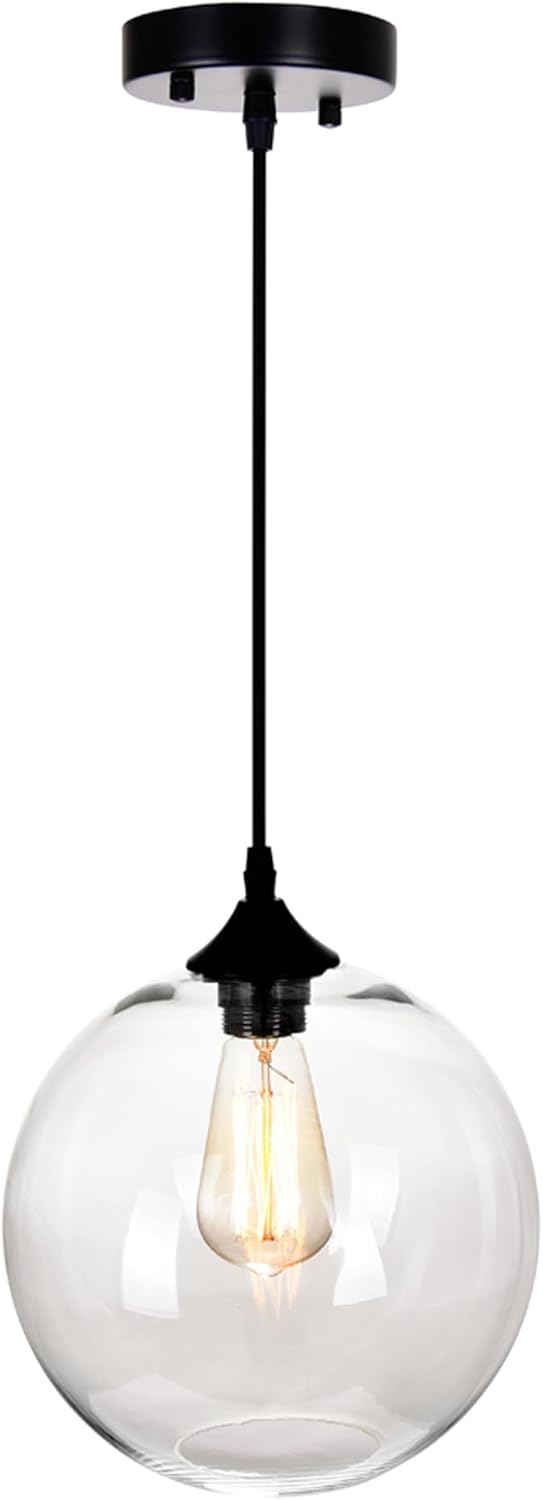 Glass Mini Pendant Light - Single Bulb Hanging Fixture with Minimalist Modern Round Clear Shade, Adjustable Black Cord - Kitchen, Dining Room, Bar Lighting