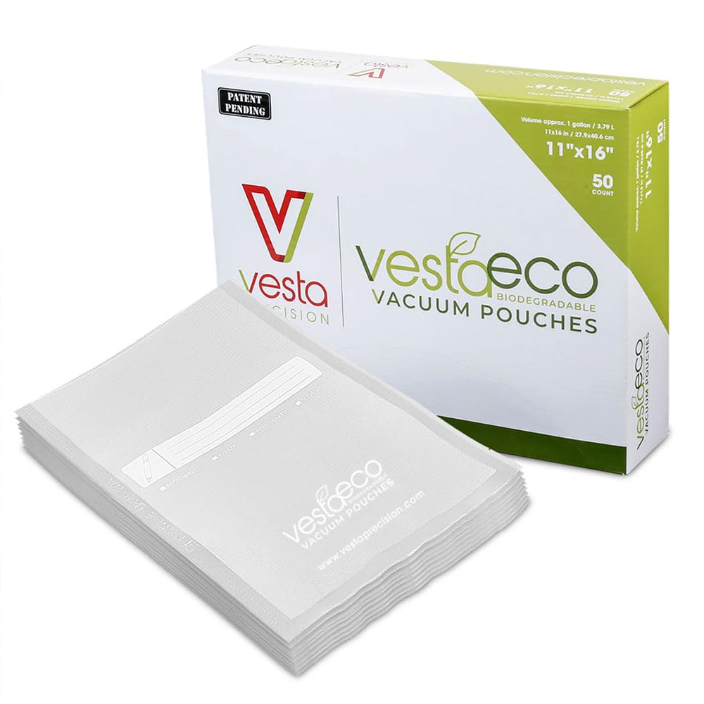 VestaEco Compostable Vacuum Sealer Bags by Vesta Precision - 50 count - Certified - Clear and Embossed - 28x40 cm