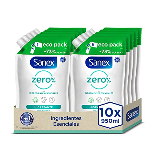 Sanex Zero% Hidratante Gel de Ducha, Pack 10 Uds de Recambio de Gel de Ducha x 950ml, Gel de Baño Hidratante para Toda La Familia, 99% Biodegradable, 0% Sulfatos, 0% Colorantes, 0% Microplásticos
