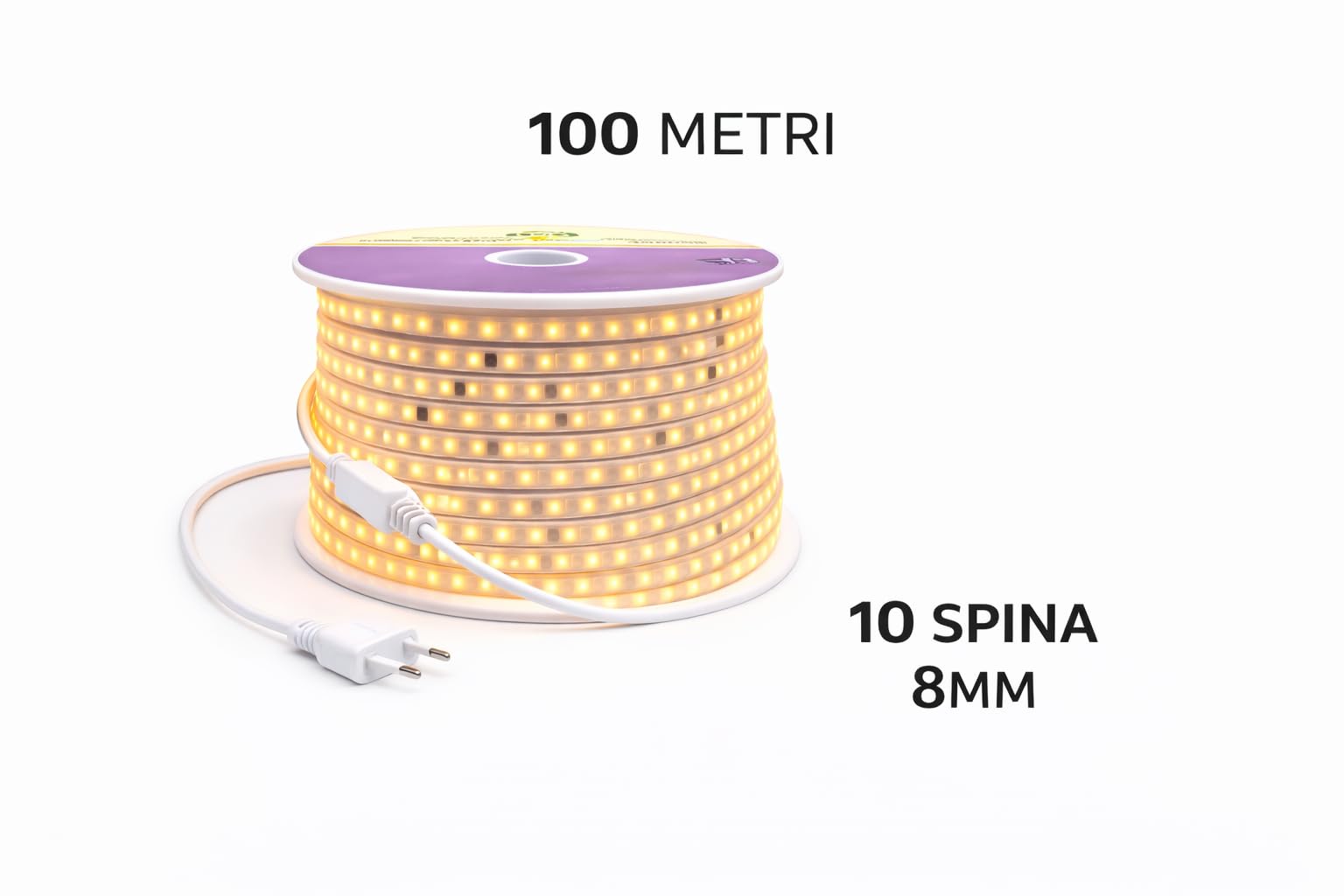 Generico Striscia LED 100 Metri 220V Luce Calda 3000K – Con Spina e 10 Prese Incluse – 8W/M – 8mm – Tagliabile Ogni 10 cm – Illuminazione Casa e Ambienti Commerciali