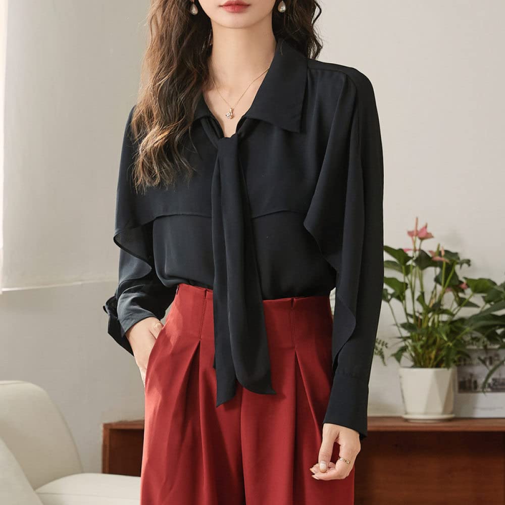 Langarmshirt Damen,Damen-Chiffon-Hemd Schwarz Einfarbig Revers Schleife Rüschen-Design Büro Business-Bluse Langarm-Pullover Blusen Lässige Tunika-Oberteile