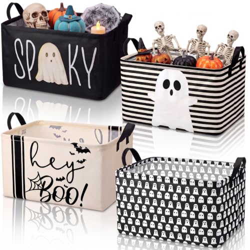 Image of Chunful 4 Pcs Halloween Storage Baskets Black Hey Boo Cute Ghost Laundry Boo Basket Horror Scary Hamper Foldable Storage Bins with Handle Collapsible Organizer for Home Closet Office Bedroom