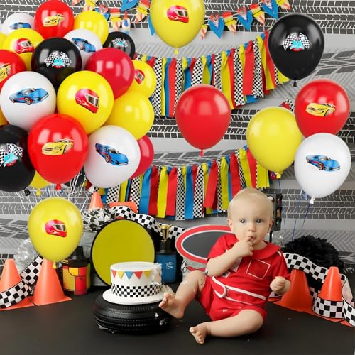Image of Race Cars Balloons, 30 Pcs 12inch Red Yellow Race Printed Latex Balloon
