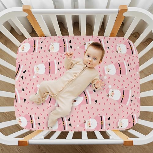 Image of Christmas Pink Santa Crib Sheets Soft Breathable Fitted Baby Playard Sheets Mattress Cover for Girl Boys, 39 inch x 27 inch x 5 inch