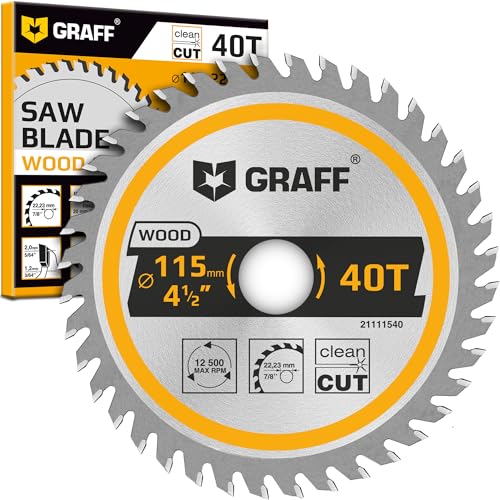 GRAFF Lame de scie circulaire 115 mm pour bois, contreplaqué, stratifié, cloison sèche, plastique - Disque à tronçonner avec alésage de 22,23 mm - Lame de scie circulaire pour coupe fine