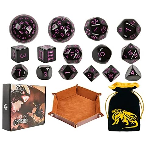15 Pcs Complete Polyhedral Dice Set D3-D100 DND RPG Dice Set in Opaque Black for Role Playing Table Games with a Drawstring Storage Bag (Gifted-Package) Cover