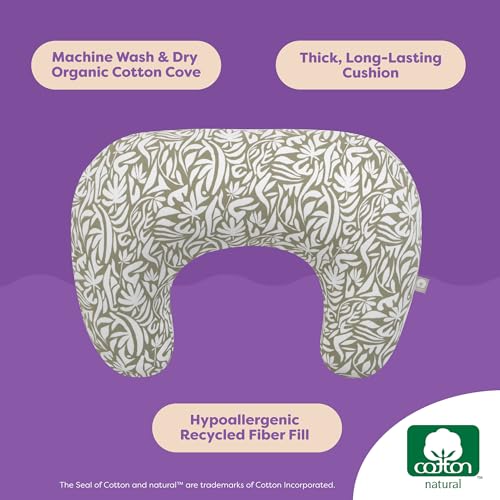 Image of Boppy Nursing Pillow - Ergonomic Bottle & Breastfeeding Pillow, Higher, Firmer & Larger, Water-Repellent with Washable Organic Cotton Cover, Baby Safety Alliance Verified - Green Cut Out Leaves
