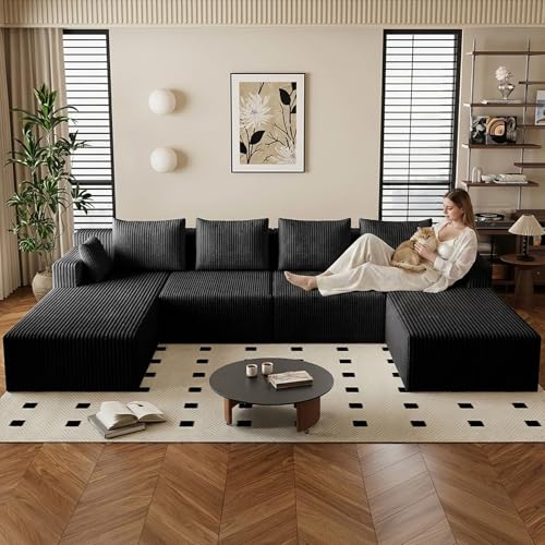 Image of 142 inch U-Shape Cloud Couch, Modern Modular Sectional U-Shape Sofa, Corduroy Boneless Couch Upholstered Couches Deep Seat Sleeper Chaise Longue for Living Room, No Assembly Required, Black