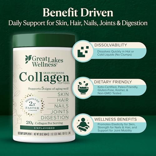 Great Lakes Wellness Collagen Peptides Powder – Supports Skin, Hair, Nails, Joints & Digestion – Hydrolyzed, Quick Dissolve, Non-GMO, Keto & Kosher – Pure Collagen Protein (16 oz, 22 Servings)
