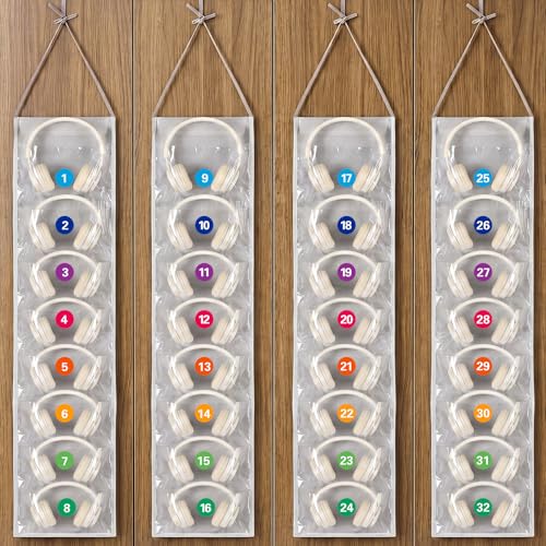 Sunnymove 4 Pcs Classroom Headphone Storage Organizer 32 Pocket Over The Door Hanging Headphone Holder with PVC Clear Pocket 1-32 Number Stickers for Library School Cell Phone Calculator Door Hanger