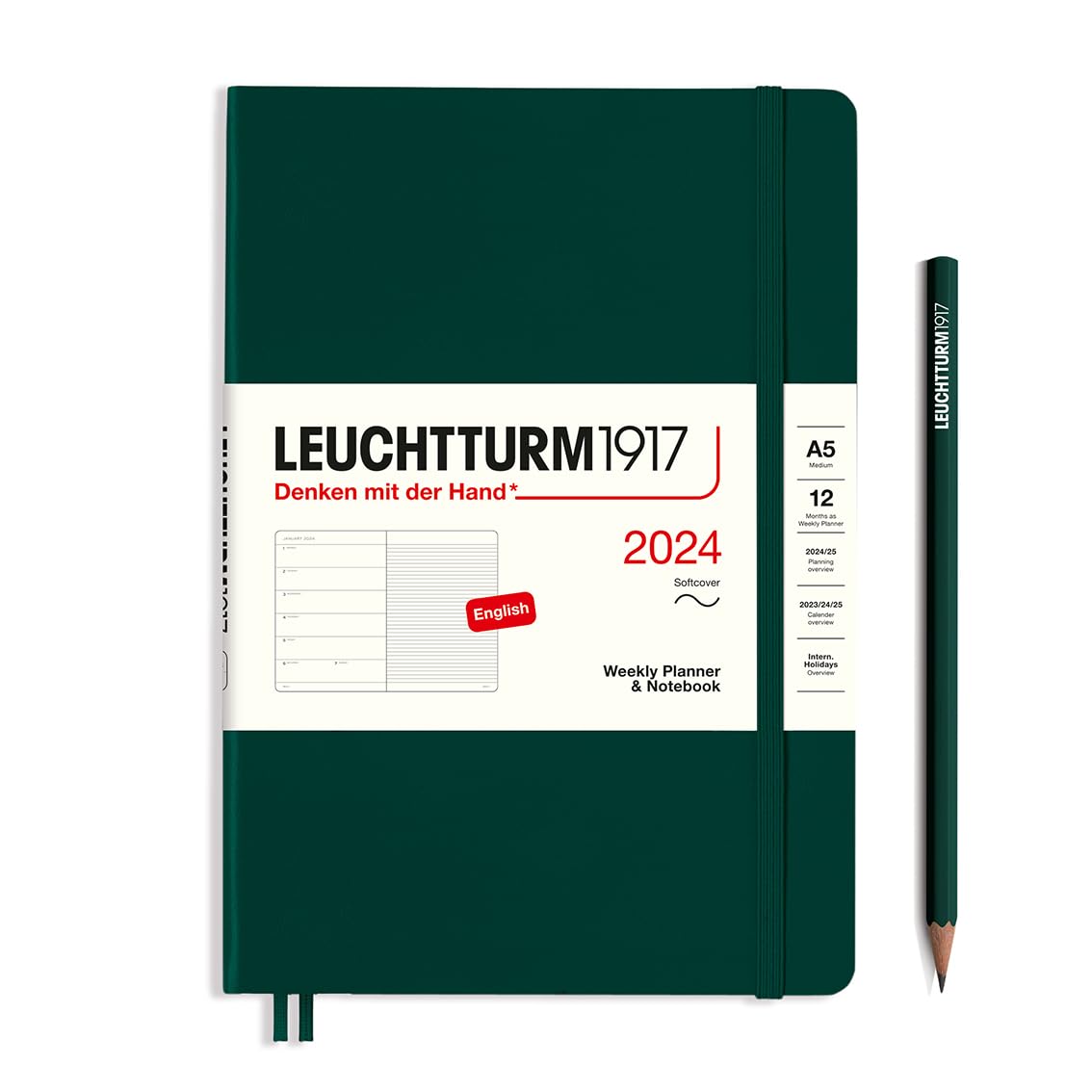 Leuchtturm1917 2024 Weekly Planner & Notebook (A5, Medium, Forest Green), 12 Months, Softcover