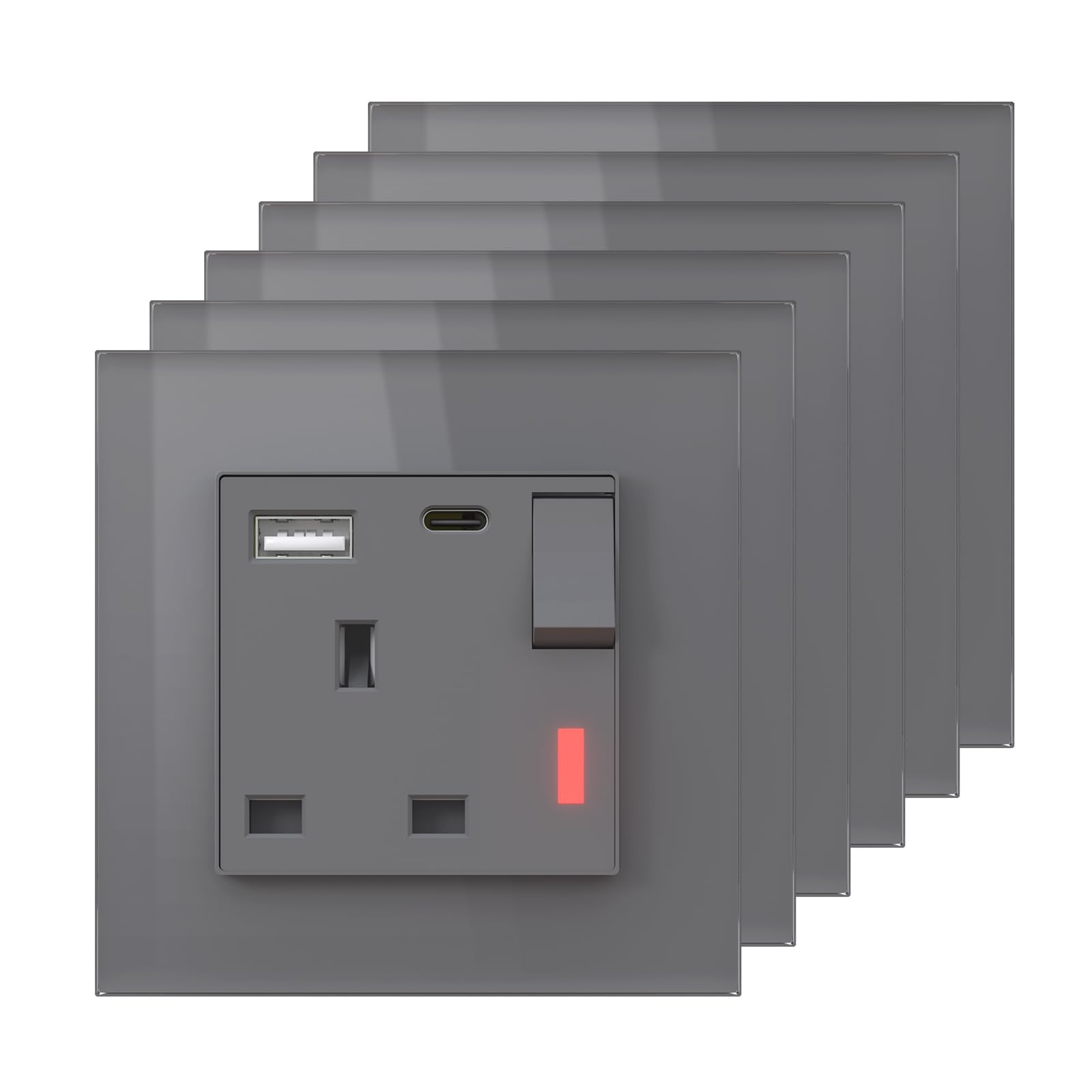 BSEED Single Plug Socket with USB C and USB A,UK Standard Electric Power Sockets,Save Space,1 Gang-6 Pack,86mm Grey