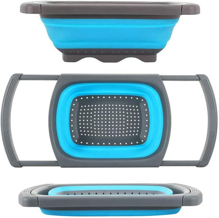 Collapsible Colander 2021 Upgrade, OBERLY Foldable Silicone Strainer Over the Sink with Extendable Handle, 6-Quart, Folding Squish Basket Kitchen for Pasta, Spaghetti, Fruit, Vegetable & Draining Food