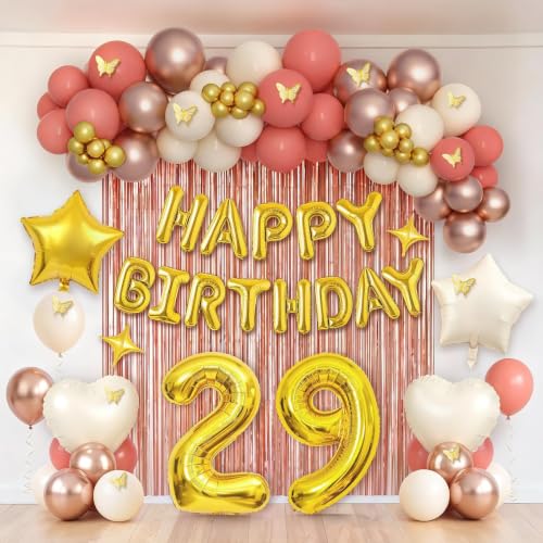 Red and Gold 29th Birthday Decorations for Women - Party Backdrop with Latex, Foil Balloons & Foil Fringe Curtains, Happy Birthday Banner, 29 Number Foil Balloons, for Birthday Party Supplies