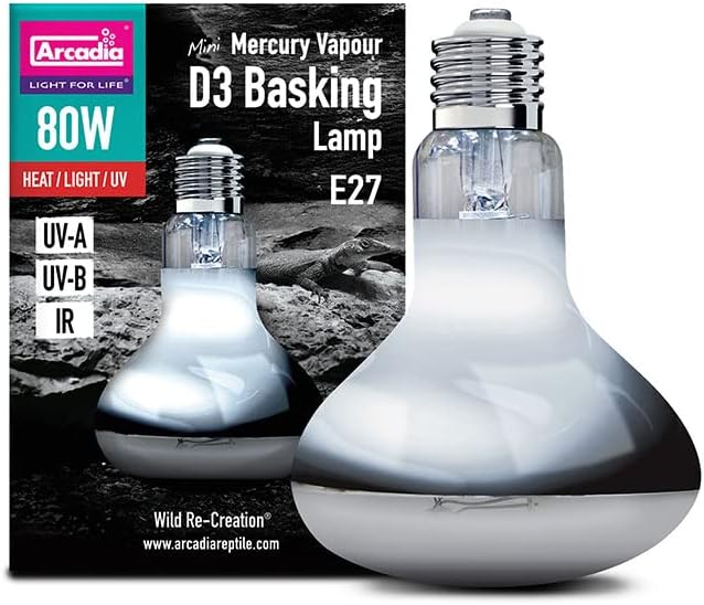 Mercury Vapour D3 UV Basking Lamp 80W. Full Spectrum UVA Reptile Heat Lamp Bulb for Bearded Dragon,Tortoise, Reptile & Turtle. All-in-One Basking lamp. Reptile Vivarium & Terrarium Light