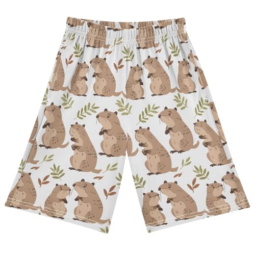 ALAZA Cute Capybara Leaf Animal Pajama Shorts Elastic Waist Casual Sleep Shorts with Pockets Size 6-14