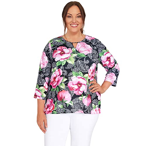 Alfred Dunner Women's Plus-Size Split Neck Paisley Floral Top Size 3X Black Multi #TOP19