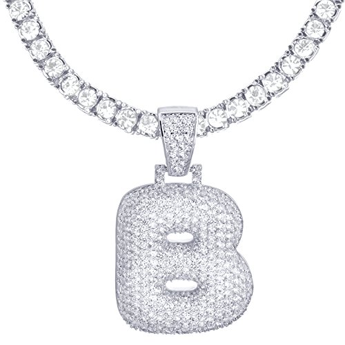 metaltree98 24″ Tennis Chain A – Z Initial Bubble Letter Silver Plated Iced CZ Pendant 24″ Necklace (B)