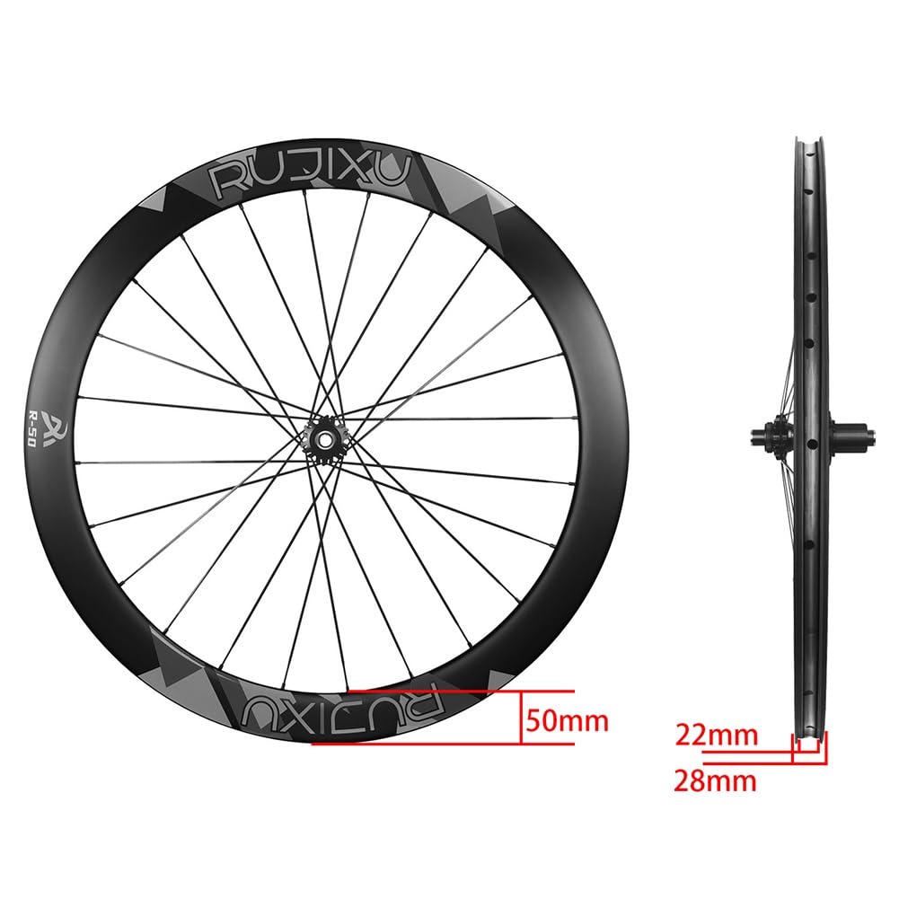 50mm Road Bike Wheelset 700c Carbon Front Rear Wheels Compatible with Tubeless & Clincher, HG Disc Brake Thru Axle Hub for 8-12 Speed Cassette(Black)