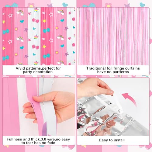 Image of Tiamon 2 Pack Kitty Party Decorations 3.3 x 6.6 Ft Foil Fringe Curtains Cartoon Cat Bow Rainbow Birthday Backdrop Tinsel Streamers Photo Booth for Kawaii Theme Baby Shower Party Supplies