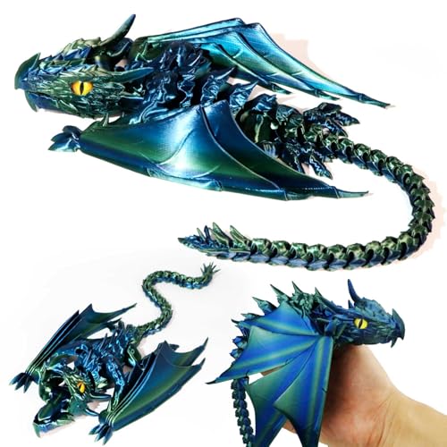 LehuoMaker 3D Printed Dragon with Wings, Fidget Dragon Toys, 3D Printed Animals, Flexible Articulated Winged Crystal Dragon Model,Home Office Decor Desktop Pet(Gradation Blue Green)