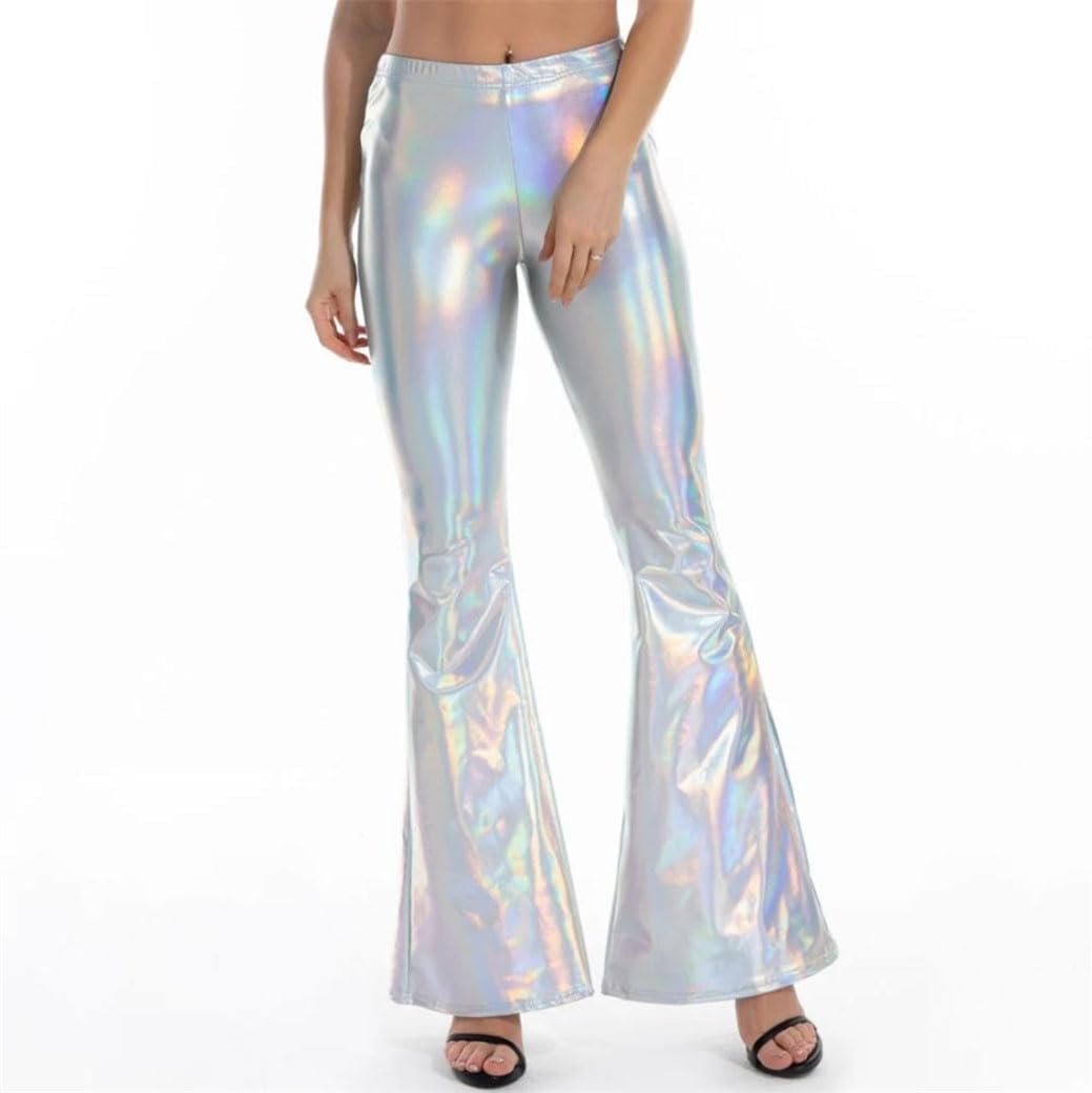 Women's PU Leather Flare Pants Metallic Holographic Bell Bottom Trousers Stretchy Dance Club Party Wear