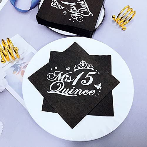 Changcao50Pcs Black And Silver Foil 15Th Birthday Decorations For Girls Party Cocktail Napkins 15 Th Birthday Decoration Beverage Cake Napkin 15 Th Birthday Supplies 15 Th Girl Birthday Party Napkin #TOP7