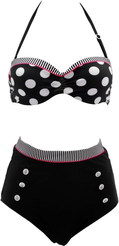 Telaura Retro Polka Dot Women's Sexy Push Up Bikini Set High Waist Beachwear Two-piece Halter Swimsuit (2XL, Navy blue Top+ Bottom Suit)