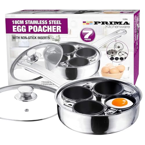7Pc Stainless Steel Egg Poacher Pan - 4 Hole Cup, Poach Saucepan | Frying Pot With Glass Lid, Non Stick, See Through | Transparent Vented Glass Lid | Egg Maker, Cooker