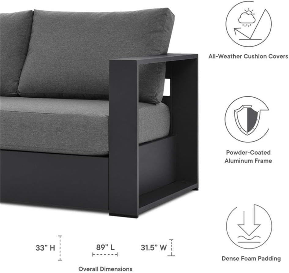 Pemberly Row Modern Outdoor Sofa, Powder-Coated Aluminum Frame, Charcoal Gray Finish, Weather-Resistant Fabric, Dense Foam Cushions, 89 in Wide Patio Sofa for Poolside or Outdoor Lounge Spaces