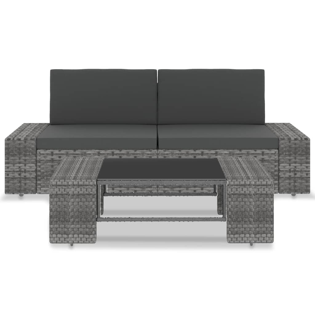 Ensemble de salon modulaire en rotin synthétique gris, 3 pièces, avec rotin PE résistant aux intempéries, cadre en acier revêtu par pulvérisation et coussins amovibles, comprend une table