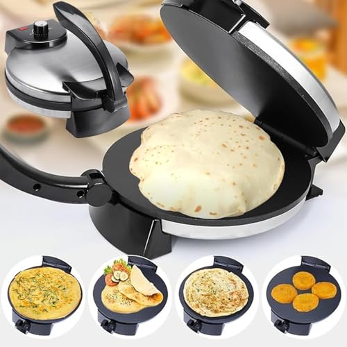 Electric Roti Maker 10 inch Non Stick Chapati Maker, 1800W Stainless Steel Roti Press Tortilla Maker, Anti-scalding Handle and Indicator Lights, Adjustable Temperature Pancakes Maker Crepe Maker