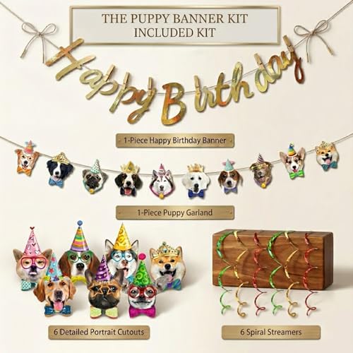 LAOREI Dog Birthday Decorations Set, Dog Party Garland Set with Happy Birthday Banner, 10 Hanging Dog Faces and Spiral Ribbons, Pet Party Supplies for Dog Birthday Parties & Photo Backdrops — view 6