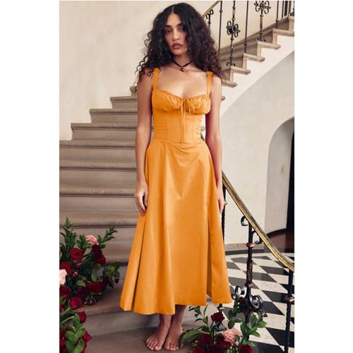 Image of Floral Corset Midi Dress Square Neck A Line Dress with Slit | Square neck floral midi dress with front tie bust wide straps A-line skirt side slit and lightweight fabric