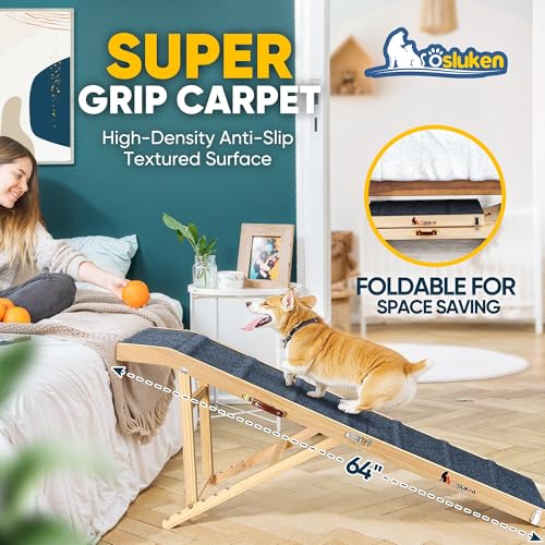 Dog Ramp for Bed, L64 W17 Foldable Pet Ramp for Small Large Dogs Cats, Dog Ramps for High Beds Car, High Traction with Platform 6 Adjustable Heights 24" to 30" Up to 220LBS, Wood - Image 5