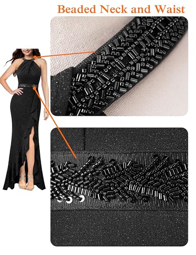 VFSHOW Womens Sexy Halter Neck Beaded Ruffle Slit Prom Formal Maxi Dress 2023 Wedding Guest Twist Front Cocktail Evening Gown4