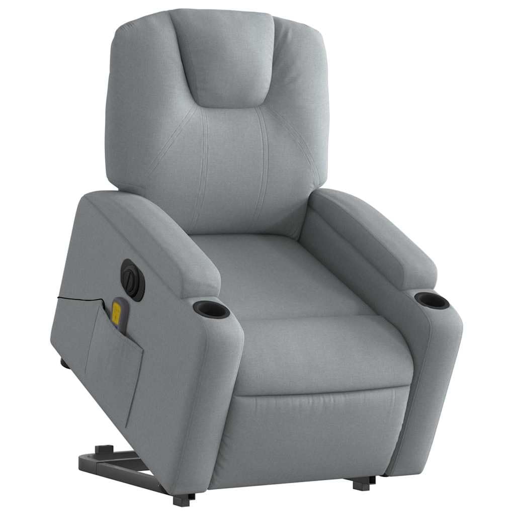 Elektrischer Massagesessel mit Aufstehhilfe Hellgrau Stoff, 6-Punkt-Vibrationsmassage, Verstellbare Rückenlehne und Fußstütze, Robust Metall- und Holzgestell