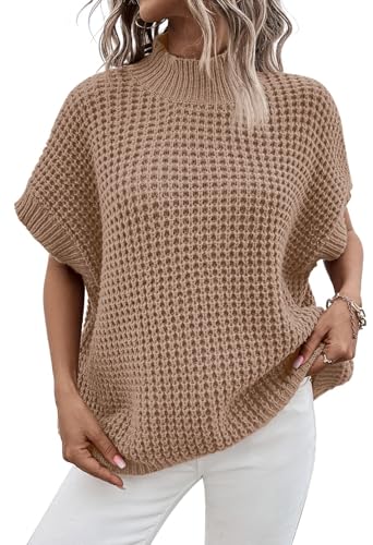 Pink Queen Women's Mock Neck Batwing Short Sleeve Loose Oversized Knit Pullover Sweater Vest Jumper Tops
