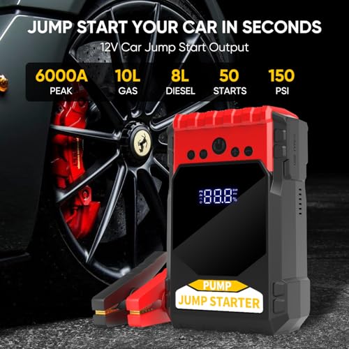 Jump Starter with Air Compressor, 6000A Car Battery Jumper Starter (10.0 Gas/8.0L Diesel), 12V Jump Starter Battery Pack, Portable Jump Box with LED Display, Flashlight and Jumper Cable - Image 4