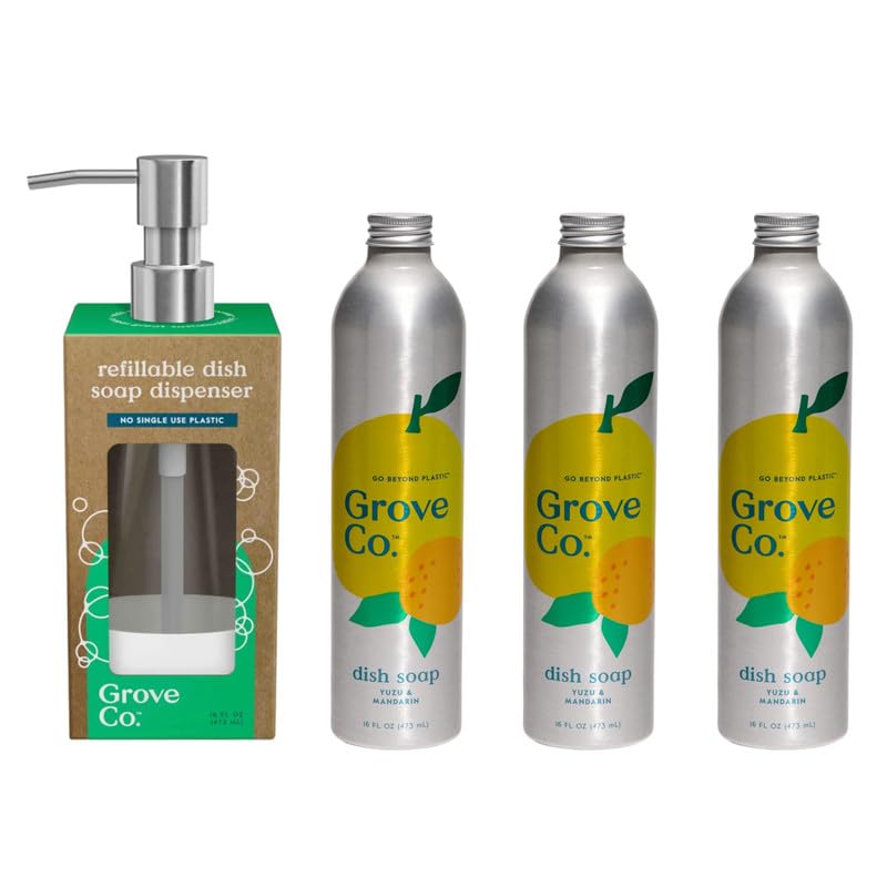 Image of Grove Co. Yuzu & Mandarin Dish Soap Refill Bundle - 3 Aluminum Bottles (16 oz) with Reusable Glass Dispenser, Citrus Scented Grease-Cutting Plant-Based Formula