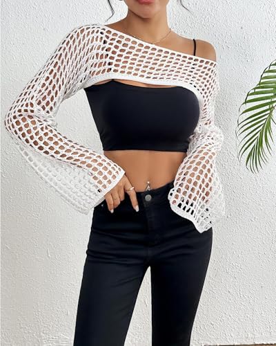 Image of Womens Crochet Crop Tops Y2k Knit Shrug Sweater Hollow Out Long Sleeve Bikini See Through Cover Ups